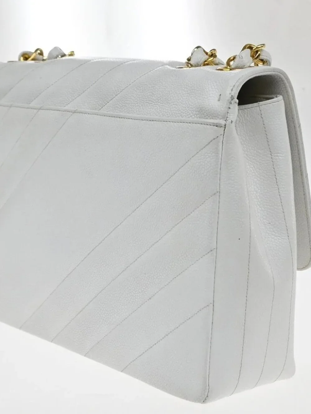 CHANEL CC Chain Shoulder Bag Grained Calfskin Leather White Vintage